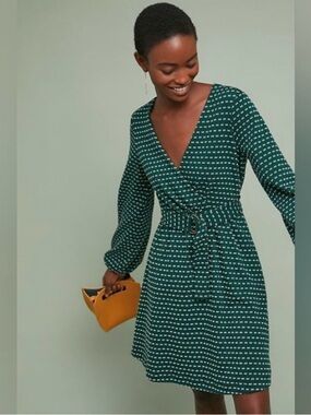 Maeve Anthropologie Green Malta Wrap Dress Belted Long Sleeve Small